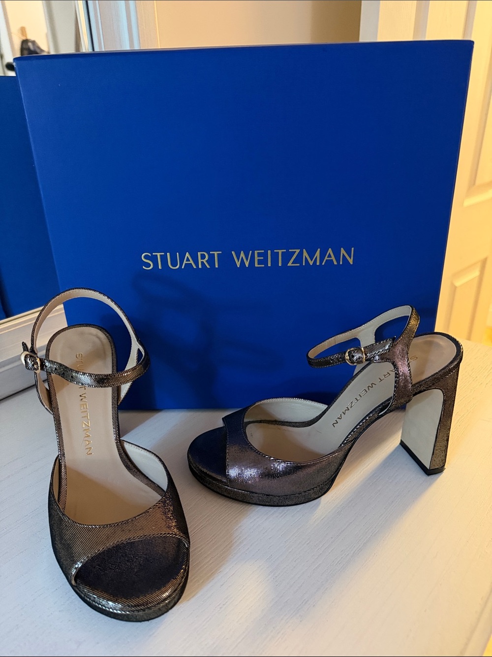 Stuart Weitzman Bronze Metallic Ankle-Strap Block Heels khaki